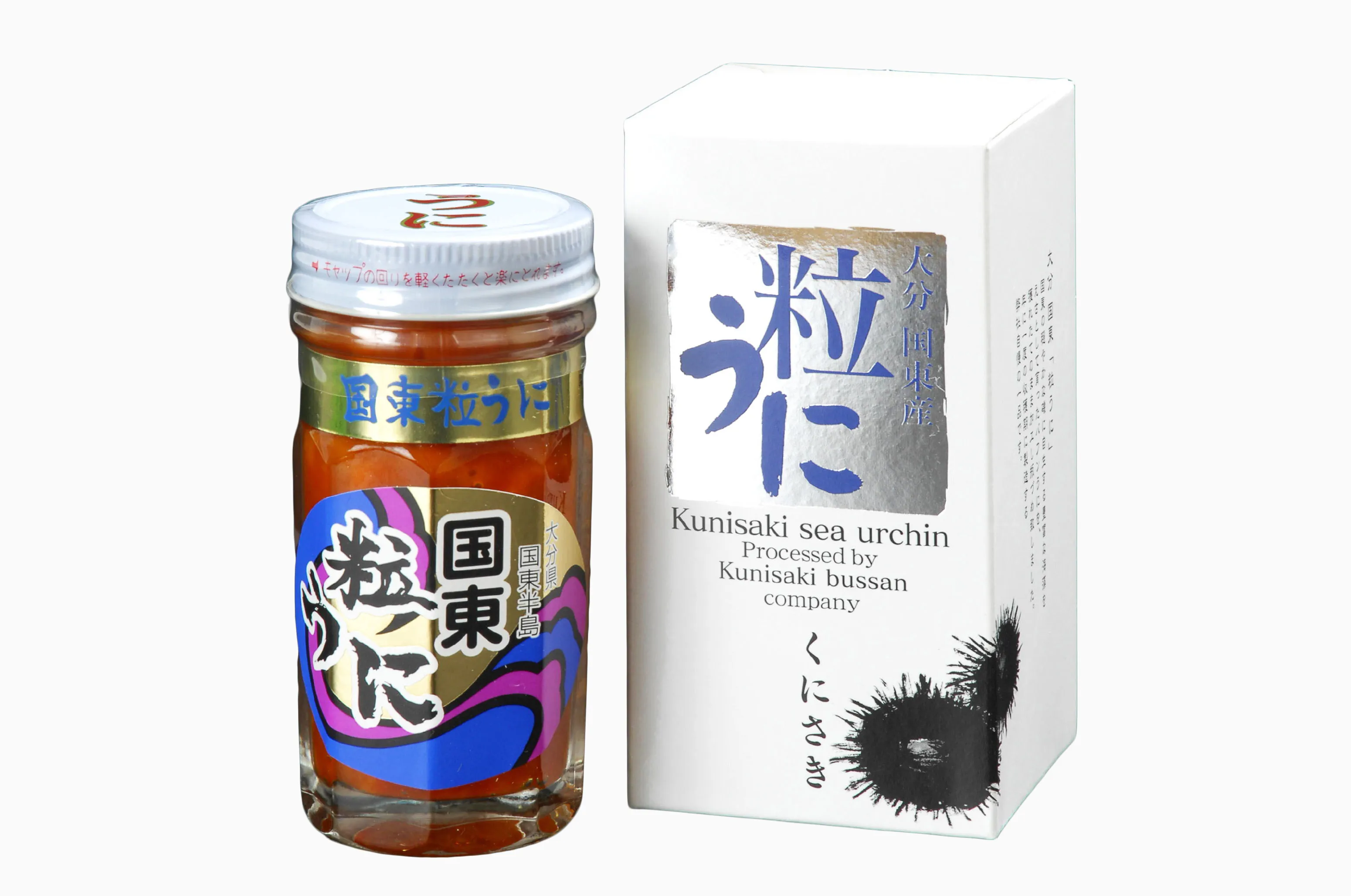国東物産の人気製品「国東粒うに」の瓶詰めと専用化粧箱。OEM製造にも対応する高品質な海産物加工品のイメージ