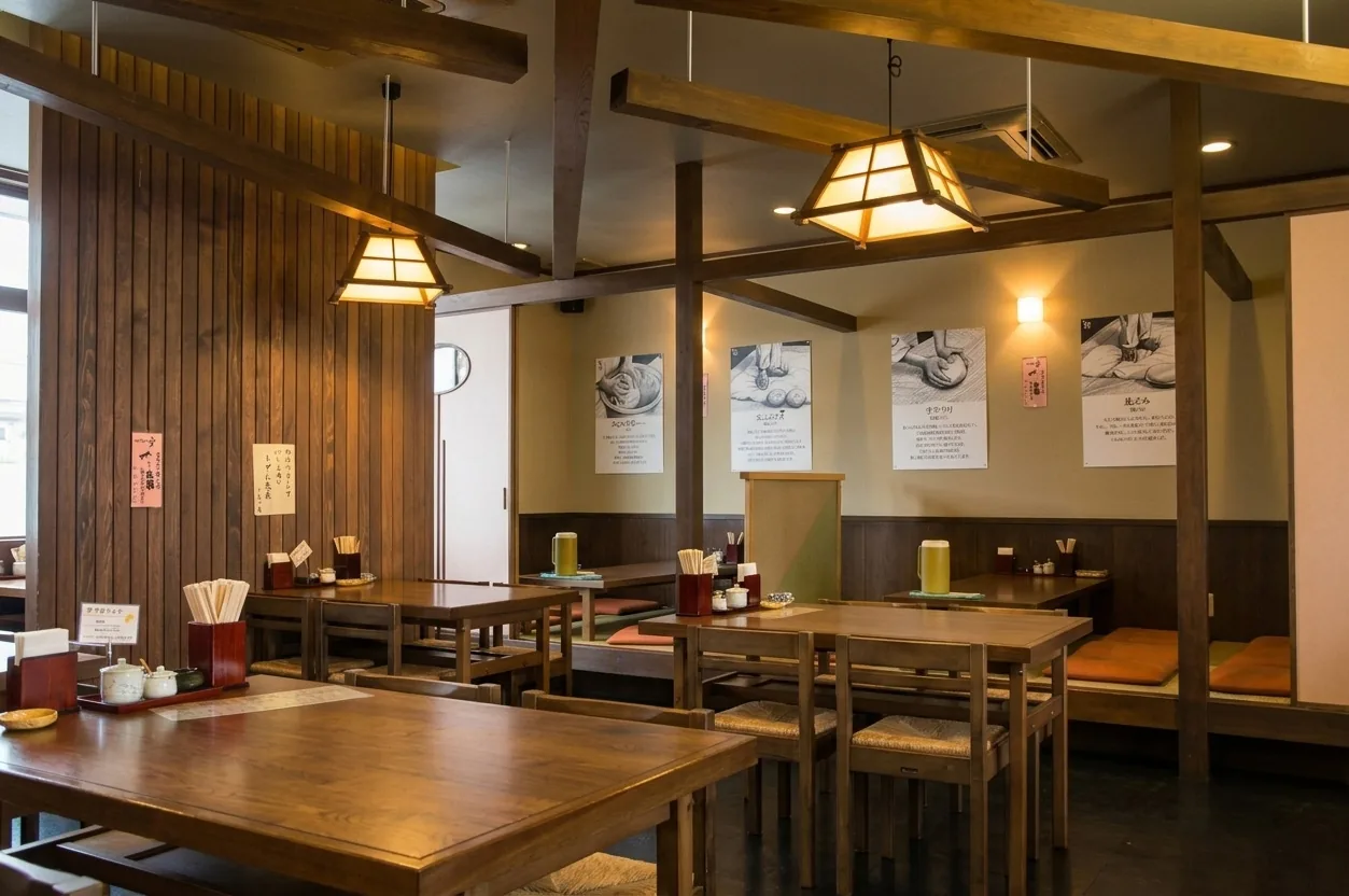 2003年から2020年まで運営された『うどん 東』の店内。壁面には本格手打ちうどんの工程パネルが掲げられ、こだわりと地域に根ざした温かい雰囲気が伝わる