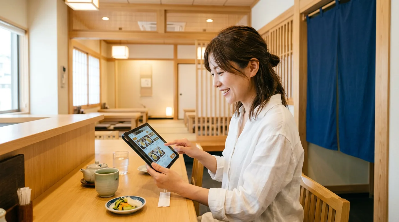2025年より推進するデジタル基盤再整備の一環として、直営店に導入された多言語対応のセルフオーダーシステムを利用するお客様の様子